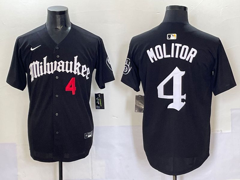 Men 2025 Milwaukee Brewers #4 Molitor Black Five generations Joint Name Nike MLB Jersey style 7->milwaukee brewers->MLB Jersey
